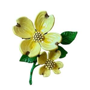 Vintage Dogwood brooch Pin Celluloid Yellow Double flower 2.75” Tall